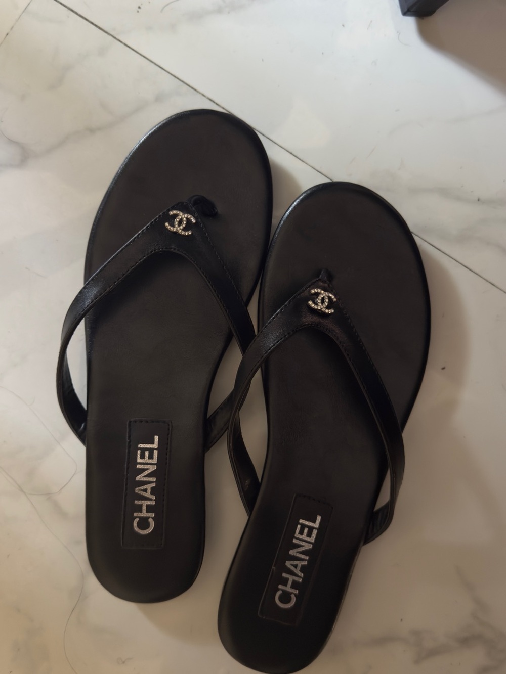 CHANEL Black Leather Logo Thong Sandals